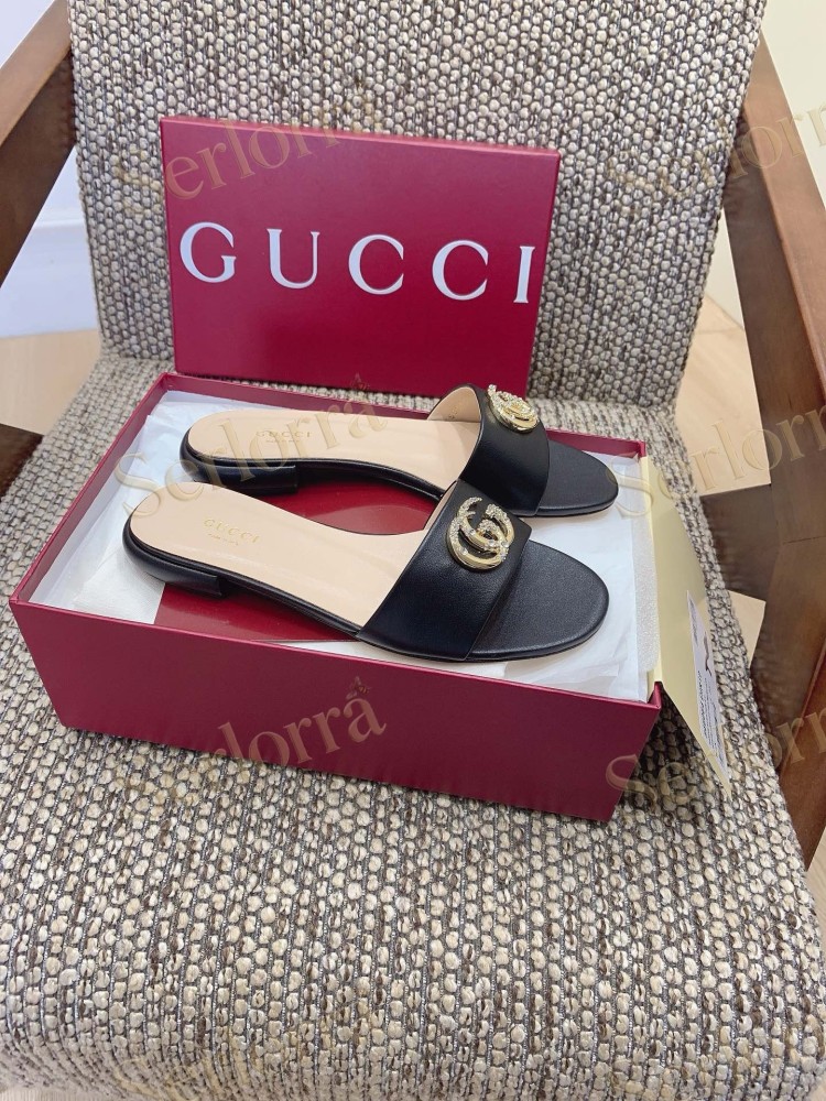 GUCCI CRYSTAL DOUBLE G METALLIC LEATHER BLOCK HEEL MULES