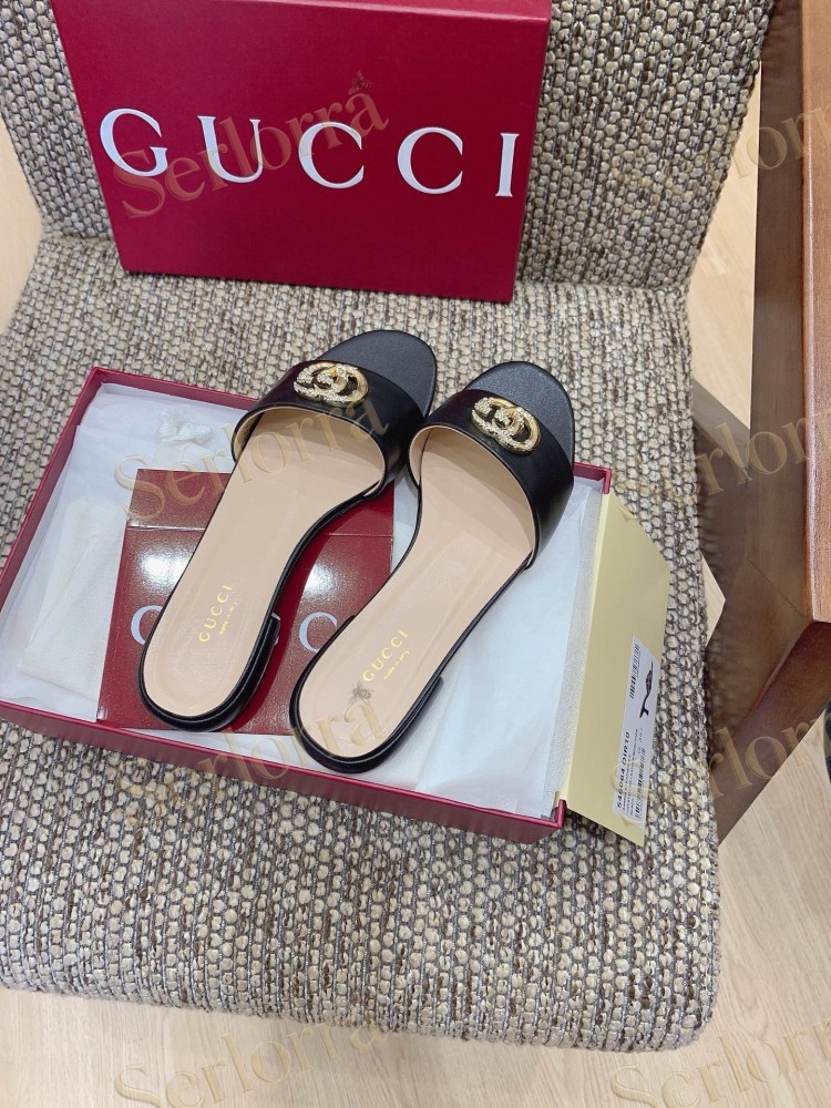 GUCCI CRYSTAL DOUBLE G METALLIC LEATHER BLOCK HEEL MULES