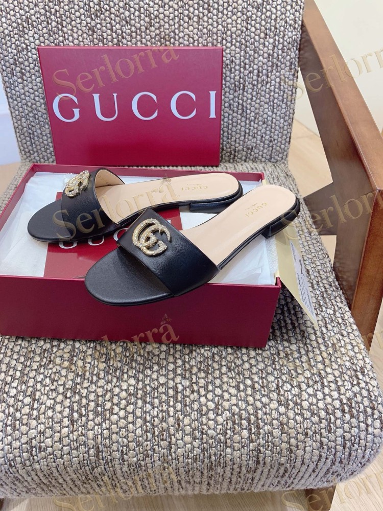 GUCCI CRYSTAL DOUBLE G METALLIC LEATHER BLOCK HEEL MULES