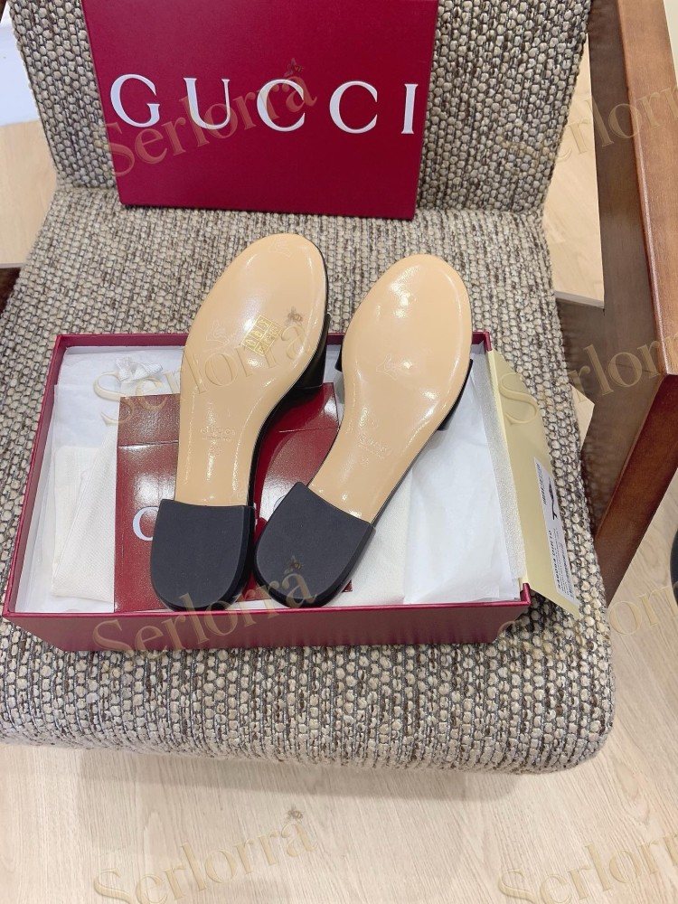 GUCCI CRYSTAL DOUBLE G METALLIC LEATHER BLOCK HEEL MULES