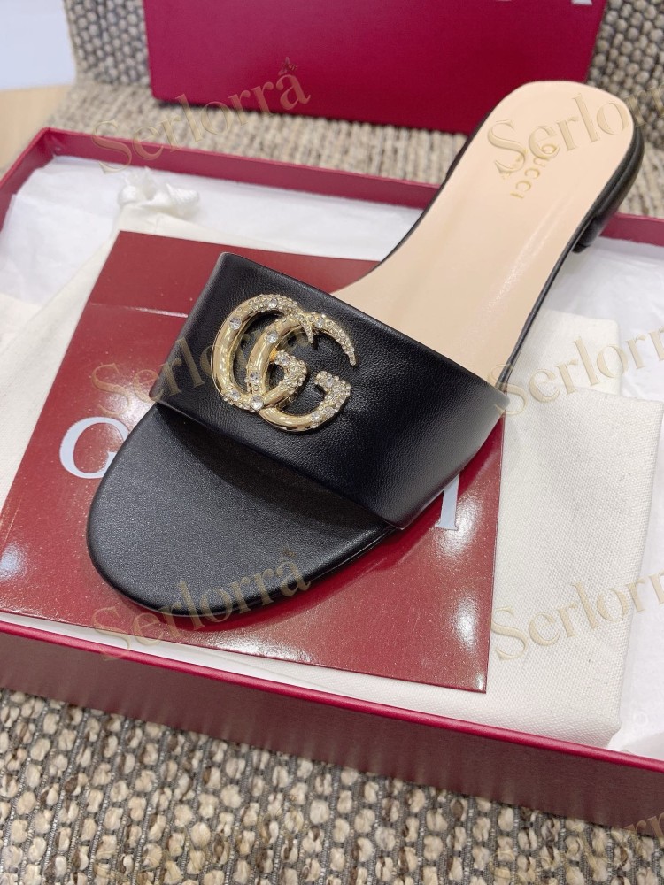 GUCCI CRYSTAL DOUBLE G METALLIC LEATHER BLOCK HEEL MULES