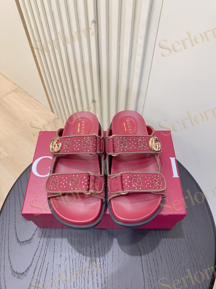 GUCCI GG CRYSTAL CANVAS DOUBLE STRAP SLIDE SANDALS
