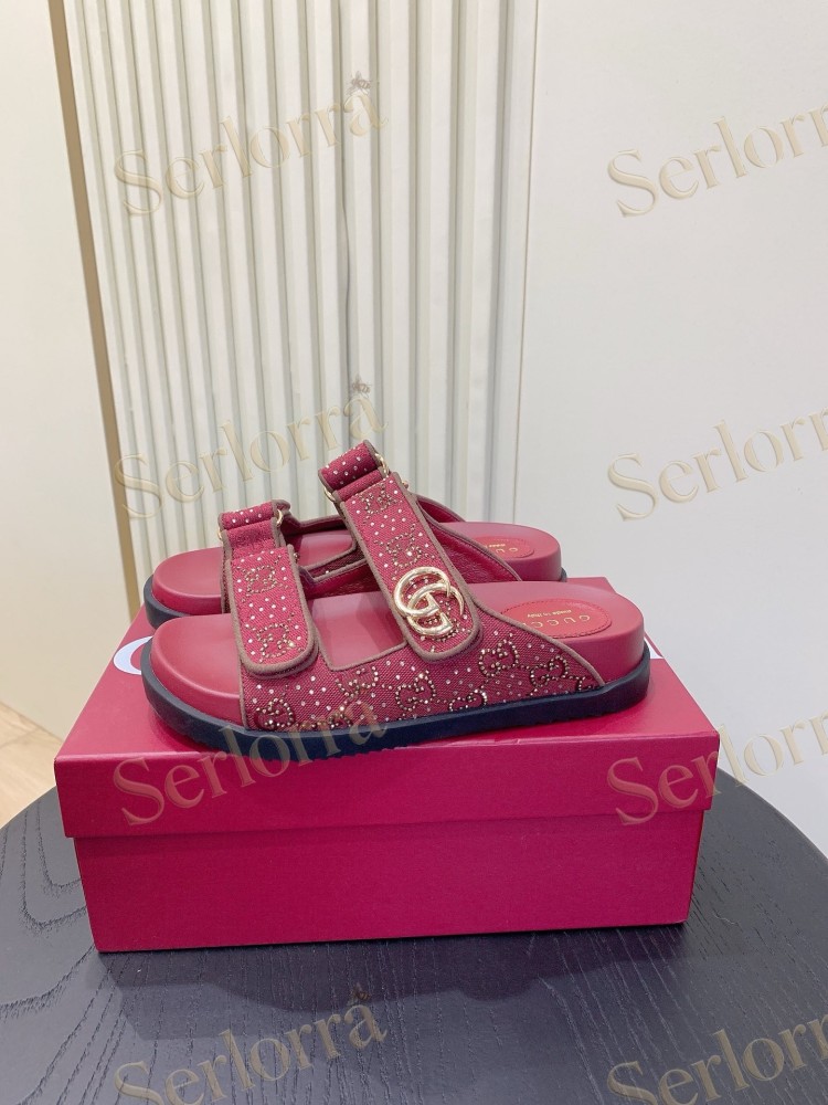 GUCCI GG CRYSTAL CANVAS DOUBLE STRAP SLIDE SANDALS