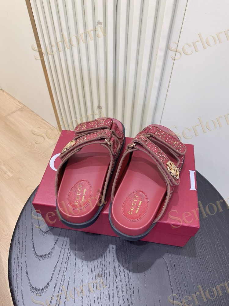 GUCCI GG CRYSTAL CANVAS DOUBLE STRAP SLIDE SANDALS
