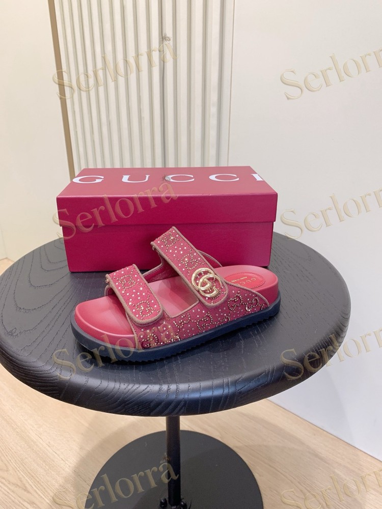 GUCCI GG CRYSTAL CANVAS DOUBLE STRAP SLIDE SANDALS