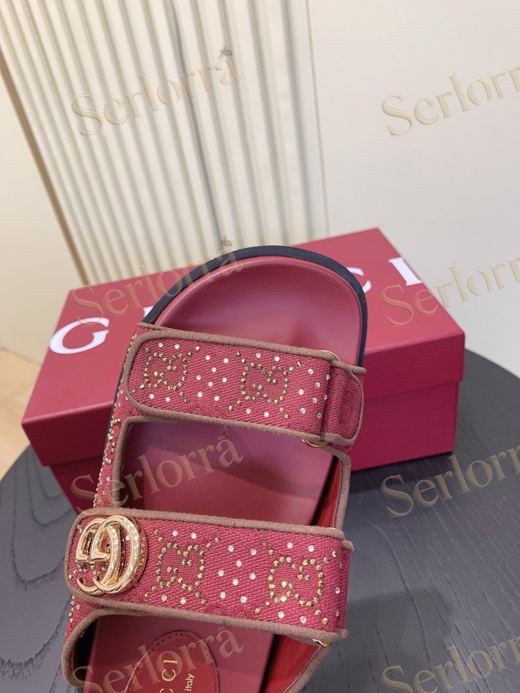 GUCCI GG CRYSTAL CANVAS DOUBLE STRAP SLIDE SANDALS