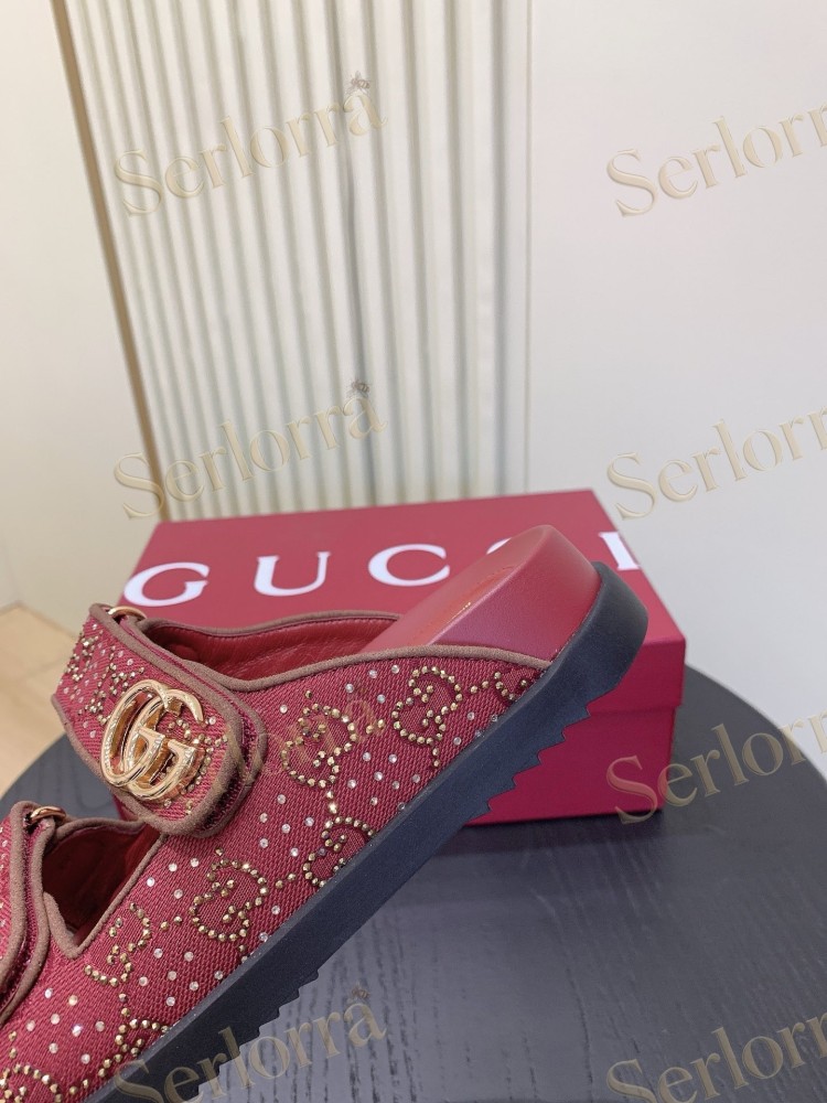 GUCCI GG CRYSTAL CANVAS DOUBLE STRAP SLIDE SANDALS