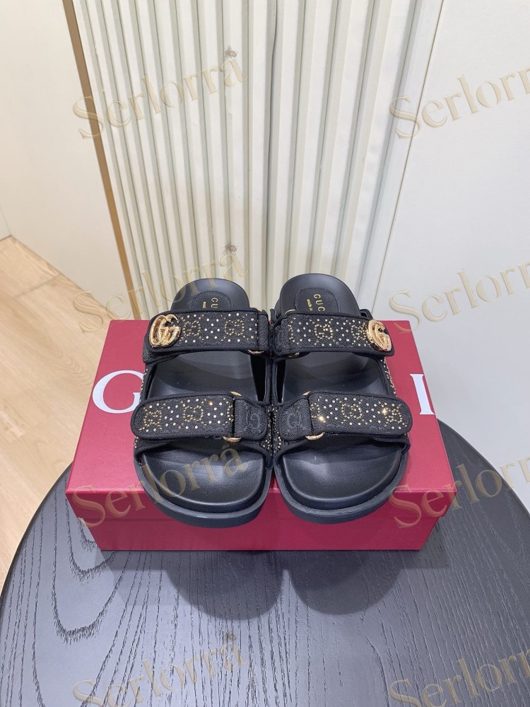 GUCCI GG CRYSTAL CANVAS DOUBLE STRAP SLIDE SANDALS