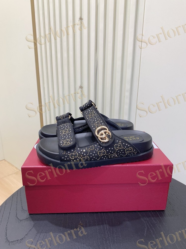 GUCCI GG CRYSTAL CANVAS DOUBLE STRAP SLIDE SANDALS