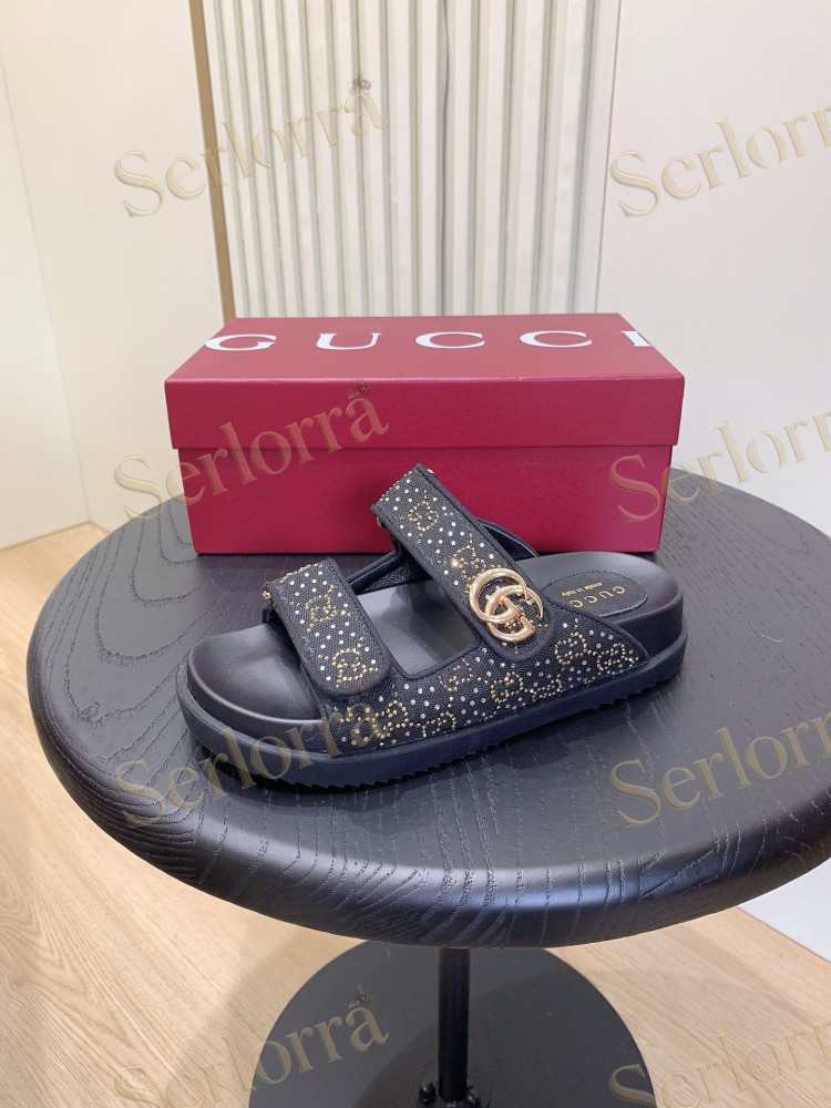 GUCCI GG CRYSTAL CANVAS DOUBLE STRAP SLIDE SANDALS