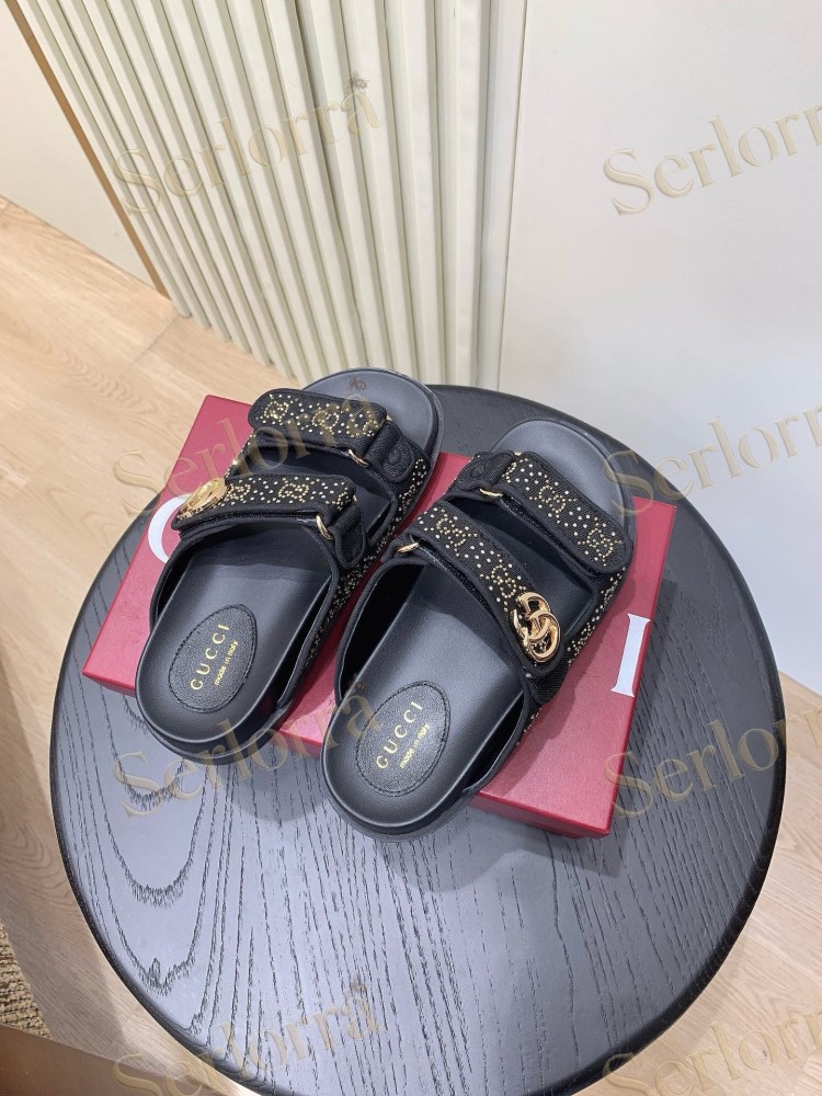 GUCCI GG CRYSTAL CANVAS DOUBLE STRAP SLIDE SANDALS