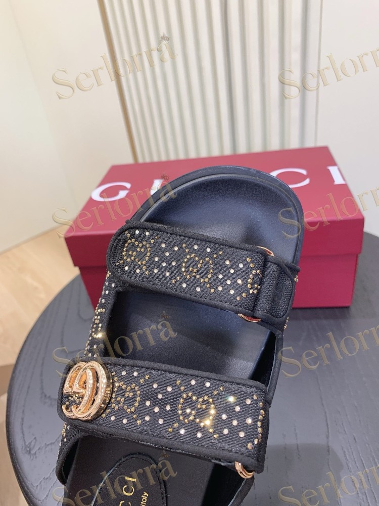 GUCCI GG CRYSTAL CANVAS DOUBLE STRAP SLIDE SANDALS