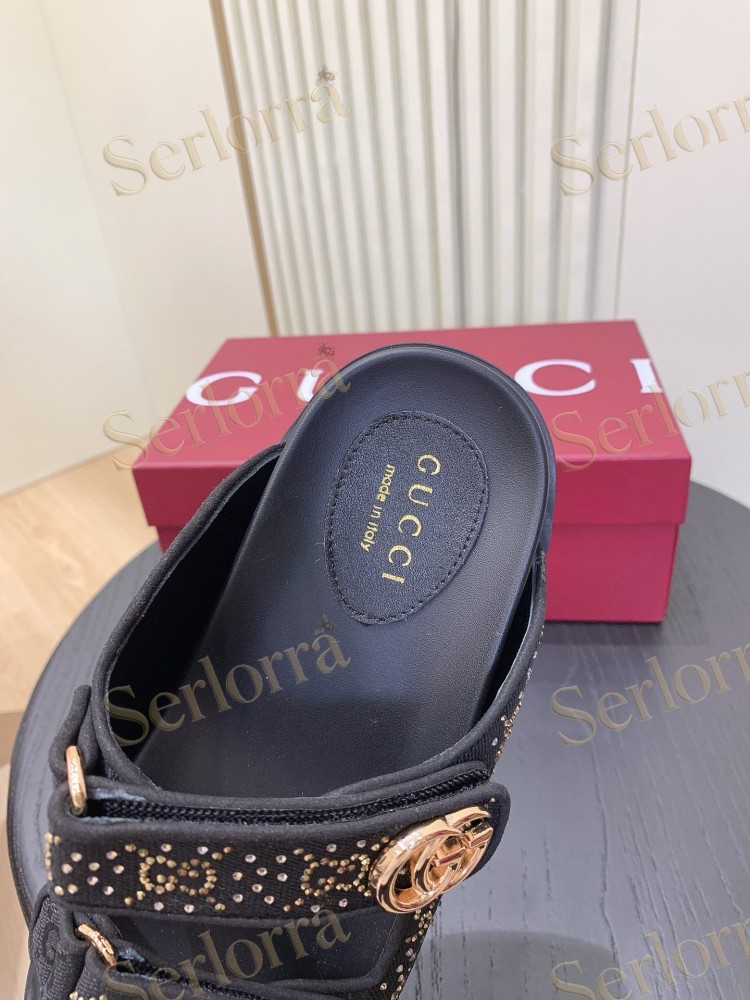 GUCCI GG CRYSTAL CANVAS DOUBLE STRAP SLIDE SANDALS