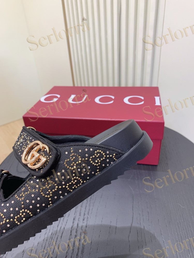 GUCCI GG CRYSTAL CANVAS DOUBLE STRAP SLIDE SANDALS