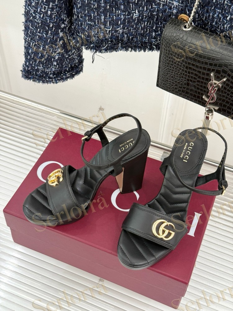 GUCCI MARMONT DOUBLE G QUILTED LEATHER PLATFORM BLOCK HEEL ANKLE STRAP SANDALS