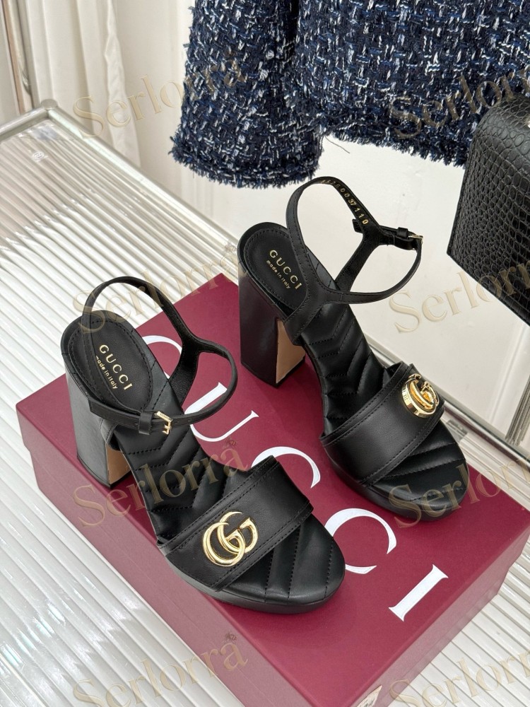 GUCCI MARMONT DOUBLE G QUILTED LEATHER PLATFORM BLOCK HEEL ANKLE STRAP SANDALS