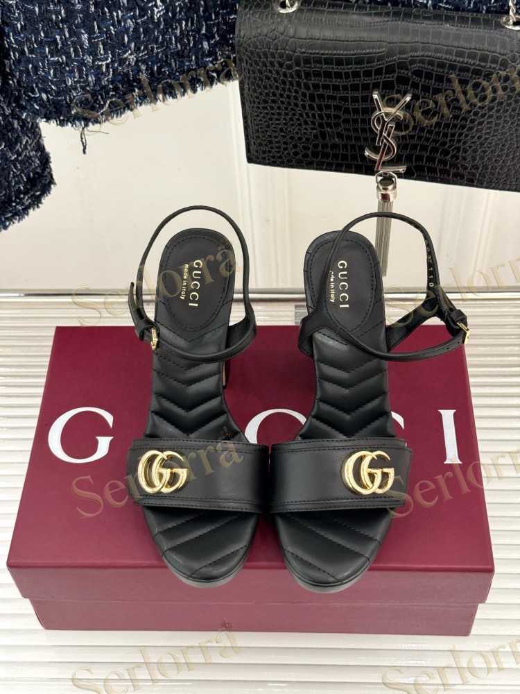 GUCCI MARMONT DOUBLE G QUILTED LEATHER PLATFORM BLOCK HEEL ANKLE STRAP SANDALS