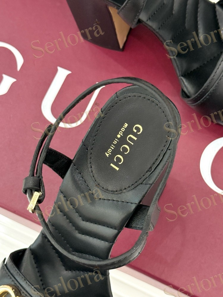 GUCCI MARMONT DOUBLE G QUILTED LEATHER PLATFORM BLOCK HEEL ANKLE STRAP SANDALS