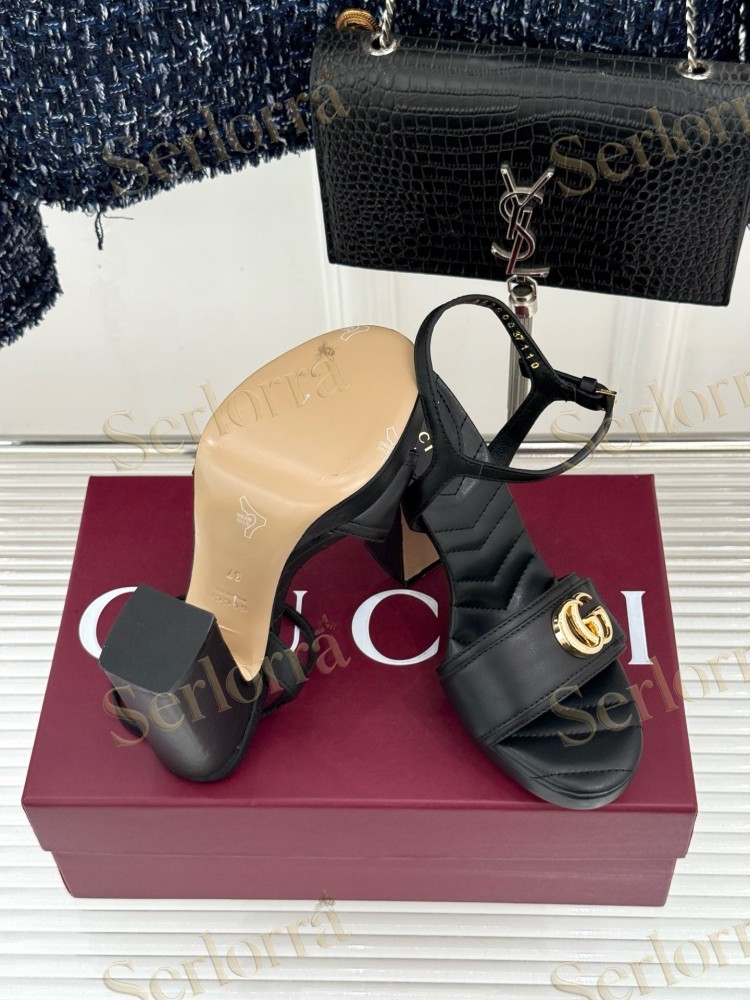 GUCCI MARMONT DOUBLE G QUILTED LEATHER PLATFORM BLOCK HEEL ANKLE STRAP SANDALS