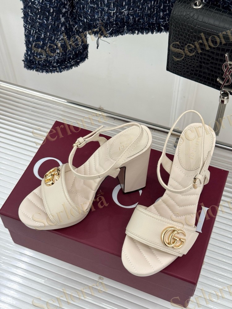 GUCCI MARMONT DOUBLE G QUILTED LEATHER PLATFORM BLOCK HEEL ANKLE STRAP SANDALS