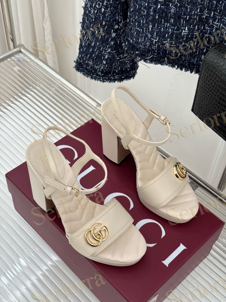 GUCCI MARMONT DOUBLE G QUILTED LEATHER PLATFORM BLOCK HEEL ANKLE STRAP SANDALS