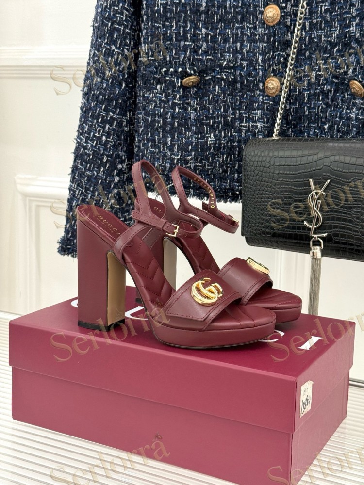 GUCCI MARMONT DOUBLE G QUILTED LEATHER PLATFORM BLOCK HEEL ANKLE STRAP SANDALS