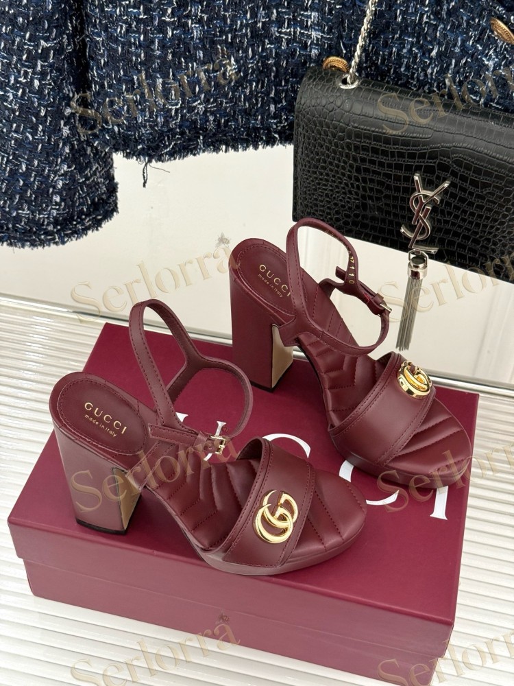 GUCCI MARMONT DOUBLE G QUILTED LEATHER PLATFORM BLOCK HEEL ANKLE STRAP SANDALS