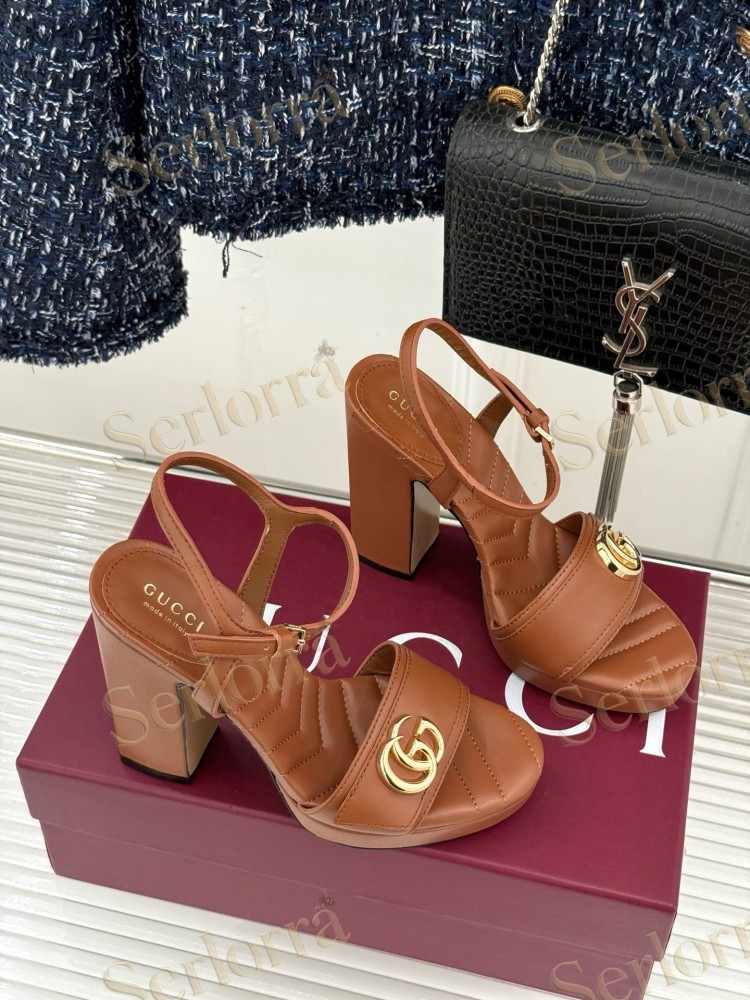 GUCCI MARMONT DOUBLE G QUILTED LEATHER PLATFORM BLOCK HEEL ANKLE STRAP SANDALS