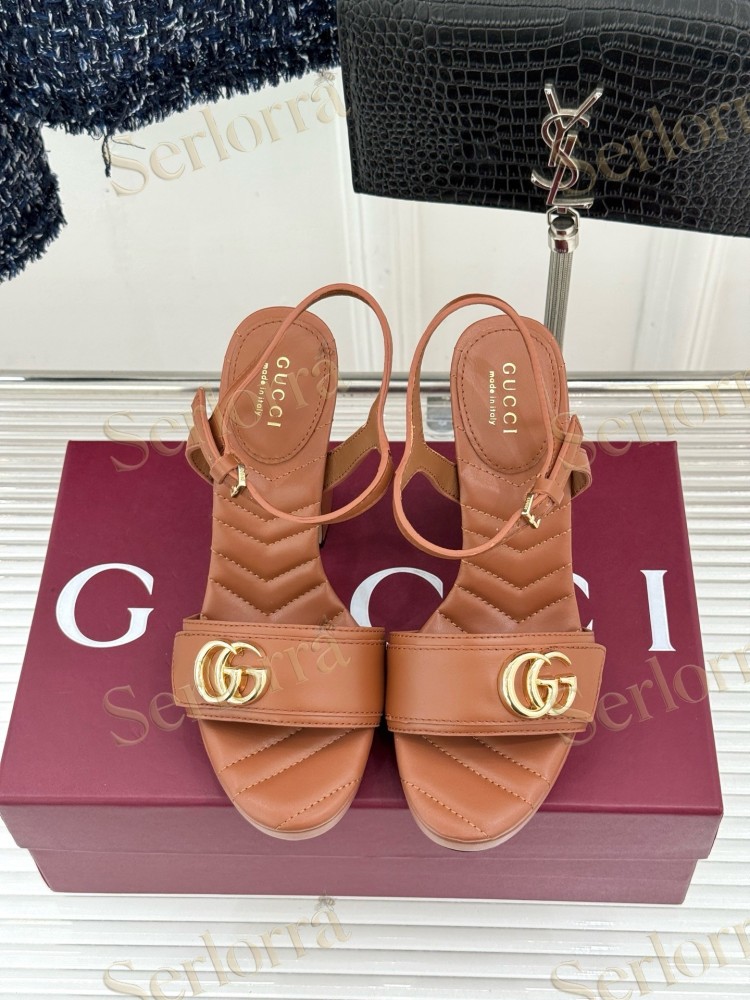 GUCCI MARMONT DOUBLE G QUILTED LEATHER PLATFORM BLOCK HEEL ANKLE STRAP SANDALS
