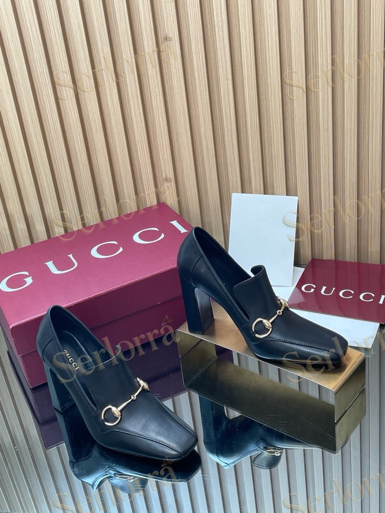 GUCCI HORSEBIT LEATHER SQUARE TOE BLOCK HEEL LOAFER PUMPS