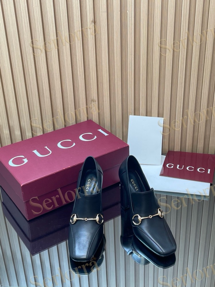 GUCCI HORSEBIT LEATHER SQUARE TOE BLOCK HEEL LOAFER PUMPS