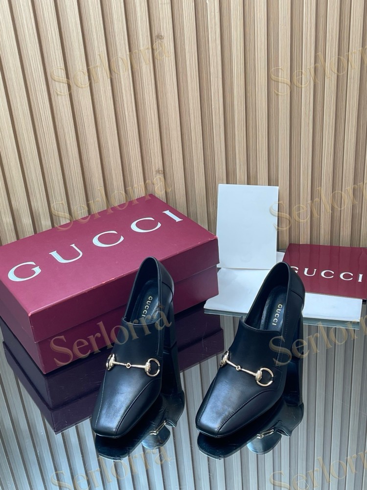 GUCCI HORSEBIT LEATHER SQUARE TOE BLOCK HEEL LOAFER PUMPS