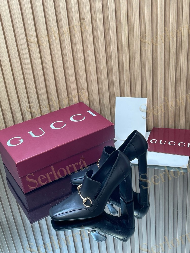 GUCCI HORSEBIT LEATHER SQUARE TOE BLOCK HEEL LOAFER PUMPS