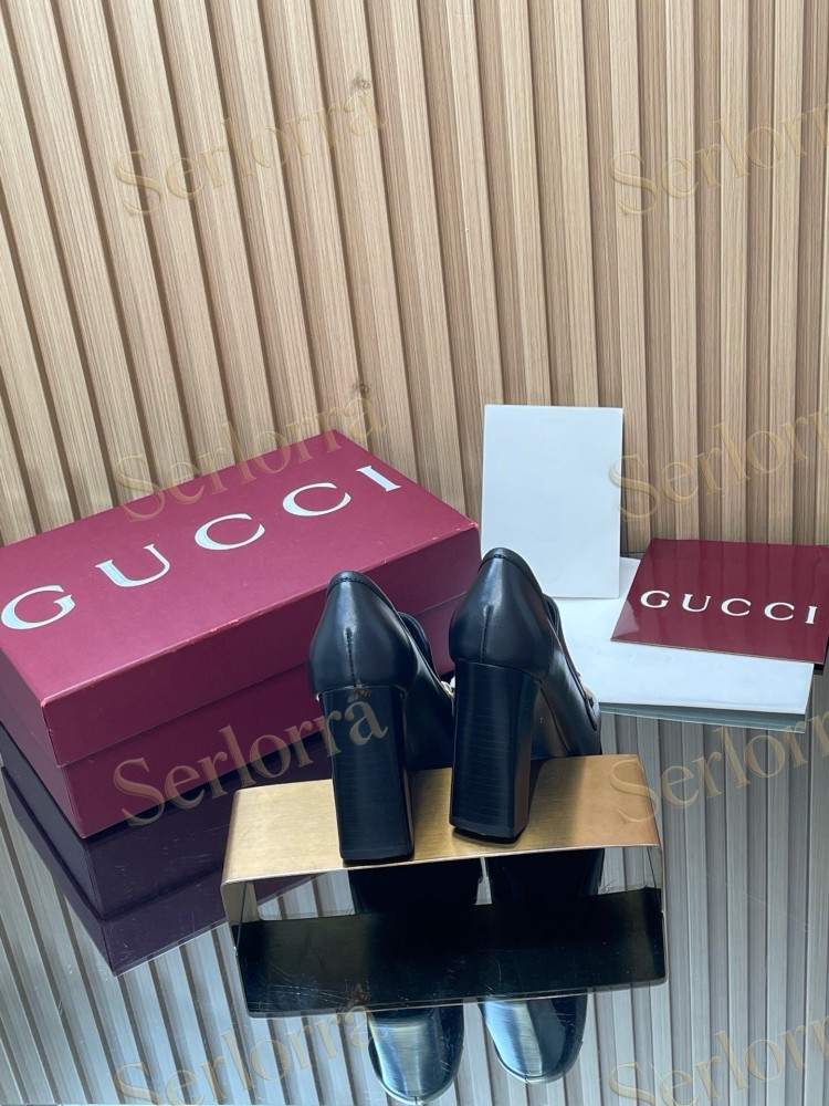 GUCCI HORSEBIT LEATHER SQUARE TOE BLOCK HEEL LOAFER PUMPS