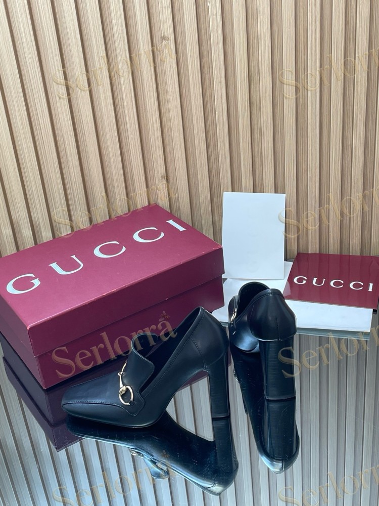 GUCCI HORSEBIT LEATHER SQUARE TOE BLOCK HEEL LOAFER PUMPS