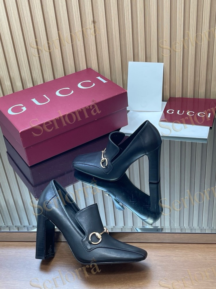 GUCCI HORSEBIT LEATHER SQUARE TOE BLOCK HEEL LOAFER PUMPS