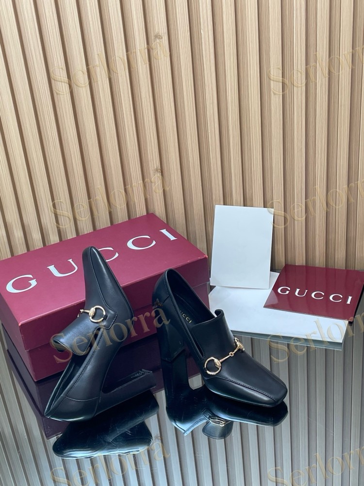 GUCCI HORSEBIT LEATHER SQUARE TOE BLOCK HEEL LOAFER PUMPS