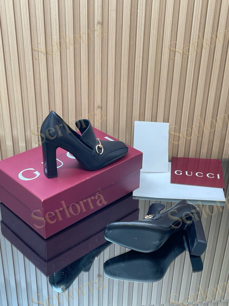 GUCCI HORSEBIT LEATHER SQUARE TOE BLOCK HEEL LOAFER PUMPS