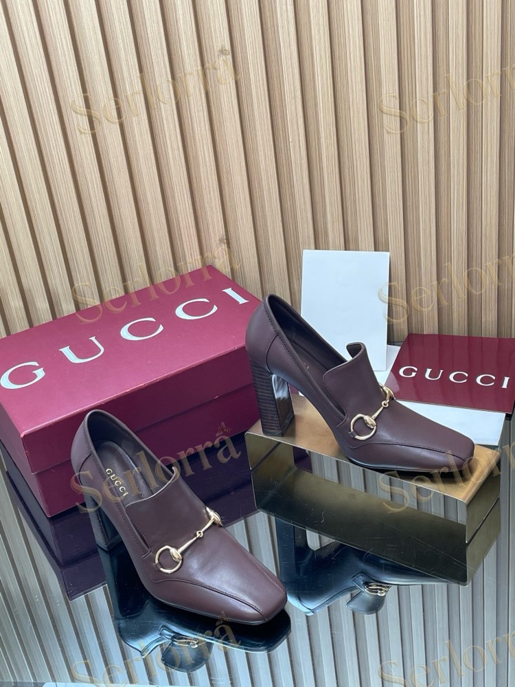 GUCCI HORSEBIT LEATHER SQUARE TOE BLOCK HEEL LOAFER PUMPS