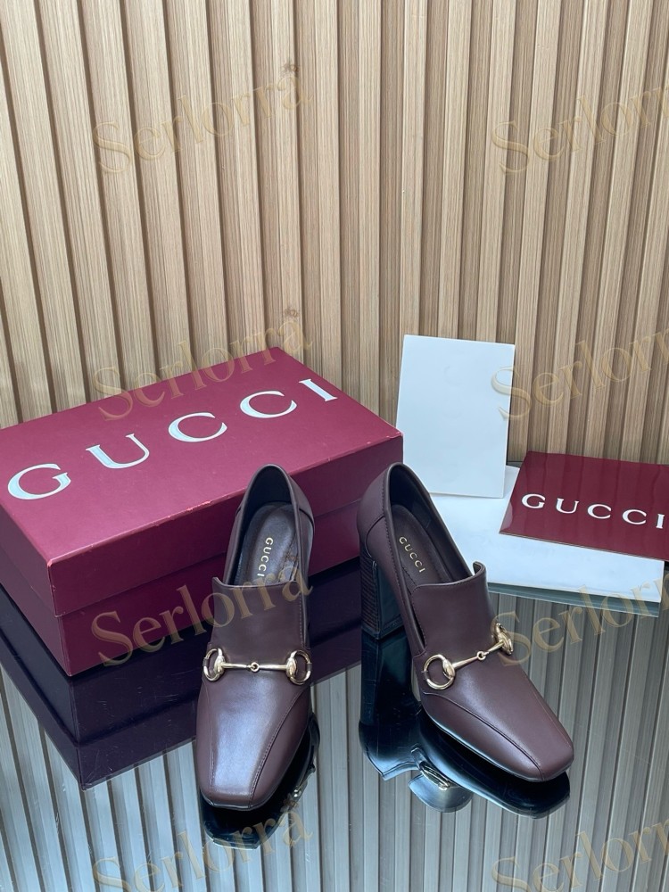 GUCCI HORSEBIT LEATHER SQUARE TOE BLOCK HEEL LOAFER PUMPS
