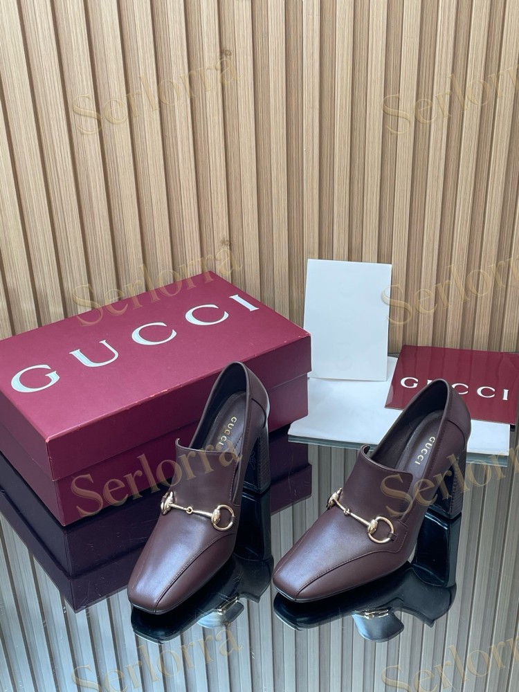 GUCCI HORSEBIT LEATHER SQUARE TOE BLOCK HEEL LOAFER PUMPS