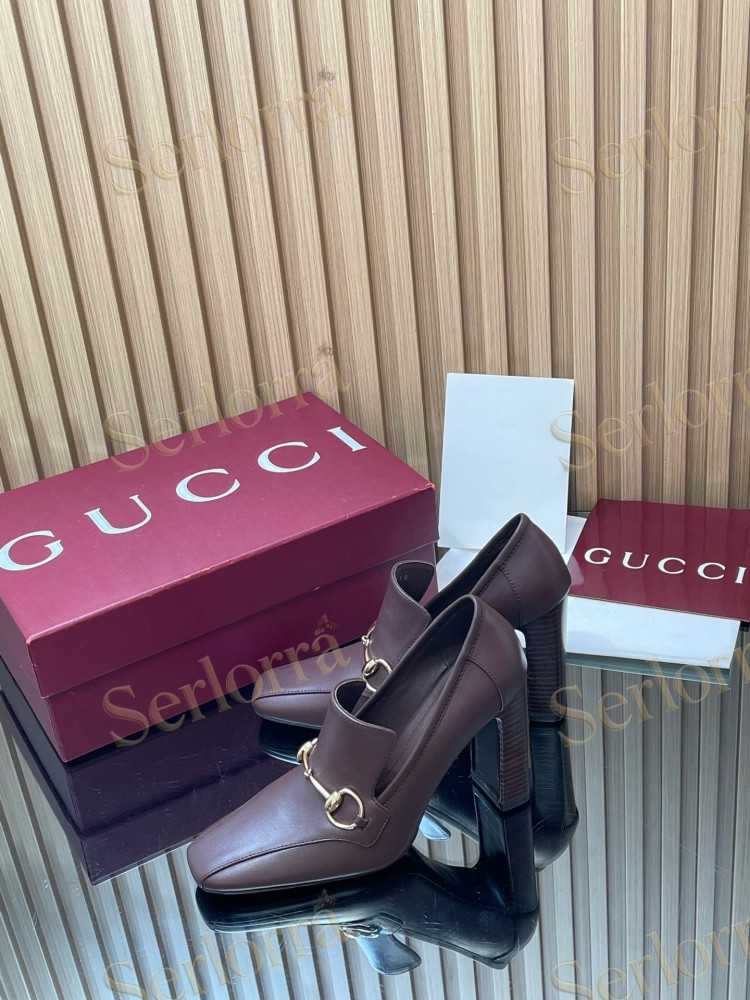 GUCCI HORSEBIT LEATHER SQUARE TOE BLOCK HEEL LOAFER PUMPS