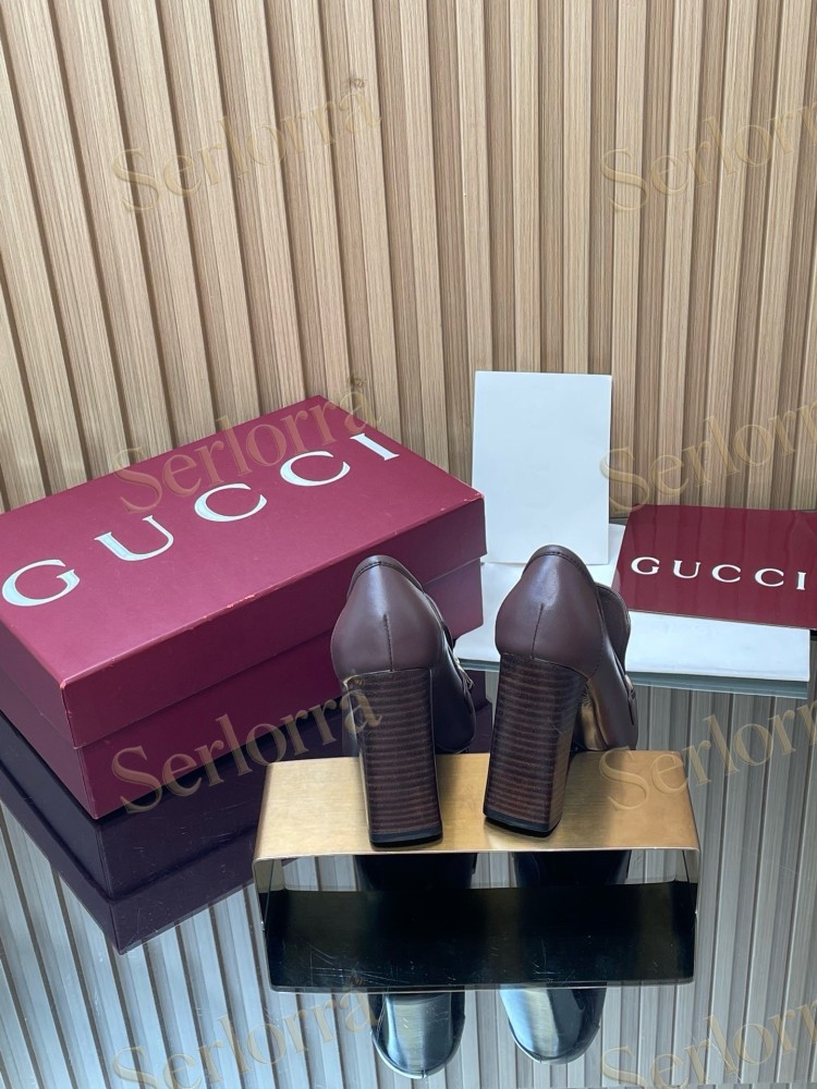 GUCCI HORSEBIT LEATHER SQUARE TOE BLOCK HEEL LOAFER PUMPS