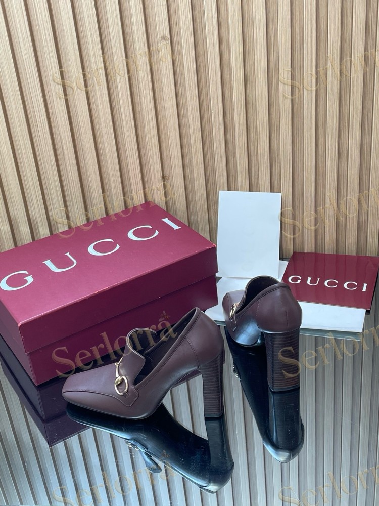 GUCCI HORSEBIT LEATHER SQUARE TOE BLOCK HEEL LOAFER PUMPS