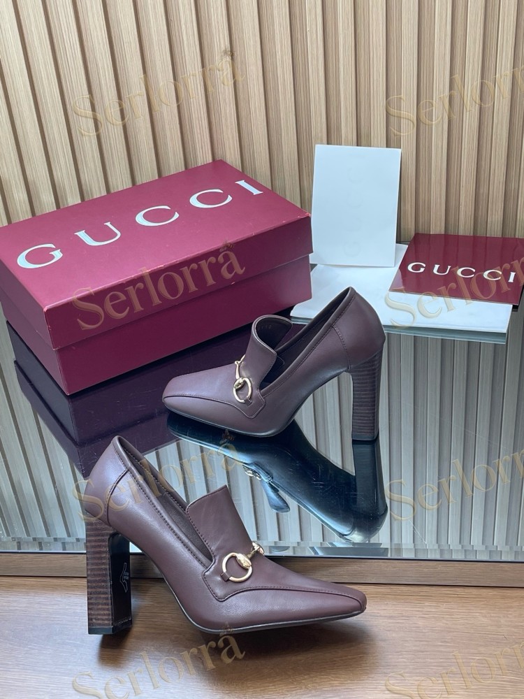 GUCCI HORSEBIT LEATHER SQUARE TOE BLOCK HEEL LOAFER PUMPS