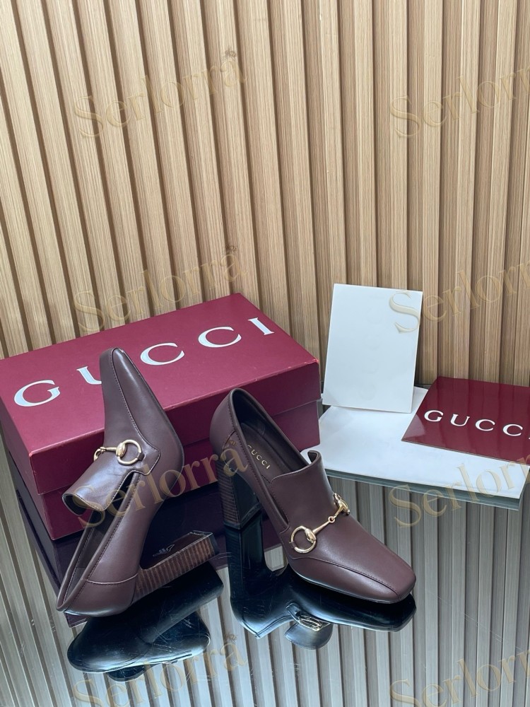 GUCCI HORSEBIT LEATHER SQUARE TOE BLOCK HEEL LOAFER PUMPS
