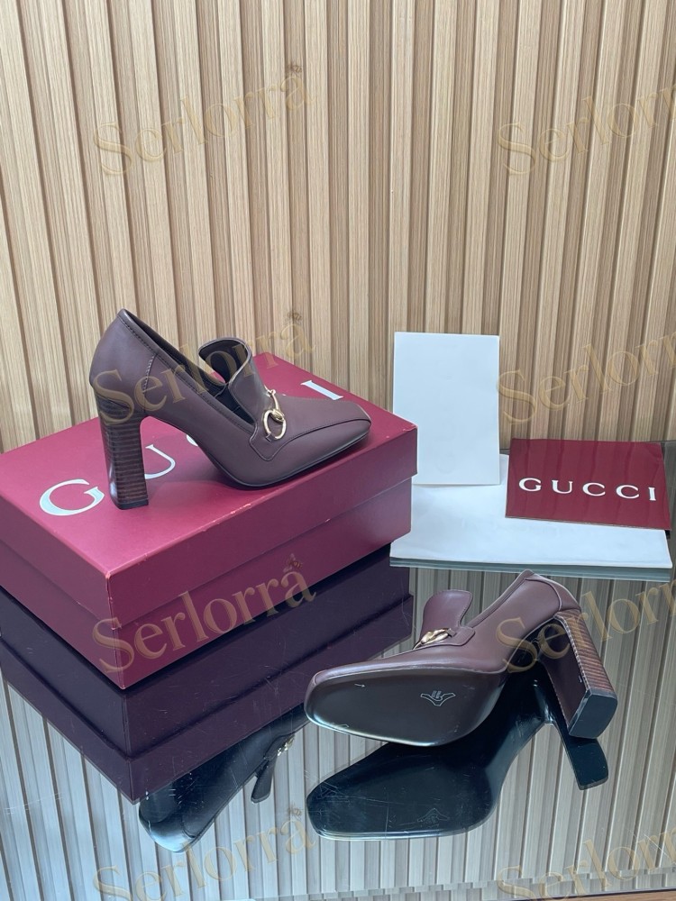 GUCCI HORSEBIT LEATHER SQUARE TOE BLOCK HEEL LOAFER PUMPS