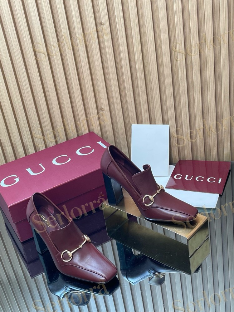 GUCCI HORSEBIT LEATHER SQUARE TOE BLOCK HEEL LOAFER PUMPS