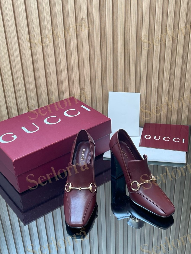 GUCCI HORSEBIT LEATHER SQUARE TOE BLOCK HEEL LOAFER PUMPS