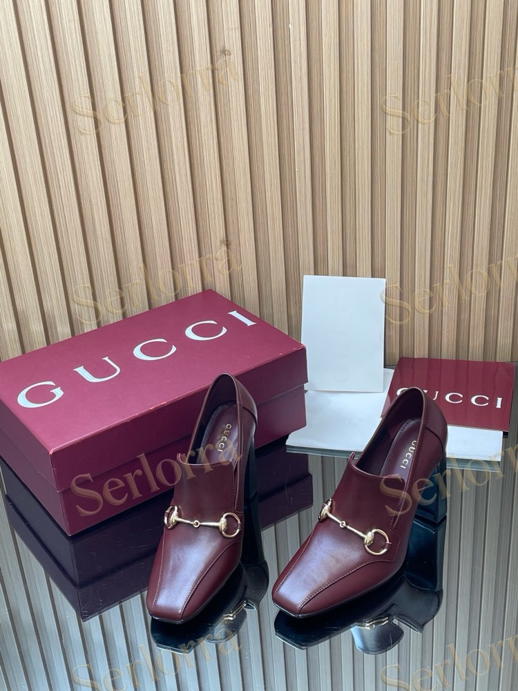 GUCCI HORSEBIT LEATHER SQUARE TOE BLOCK HEEL LOAFER PUMPS